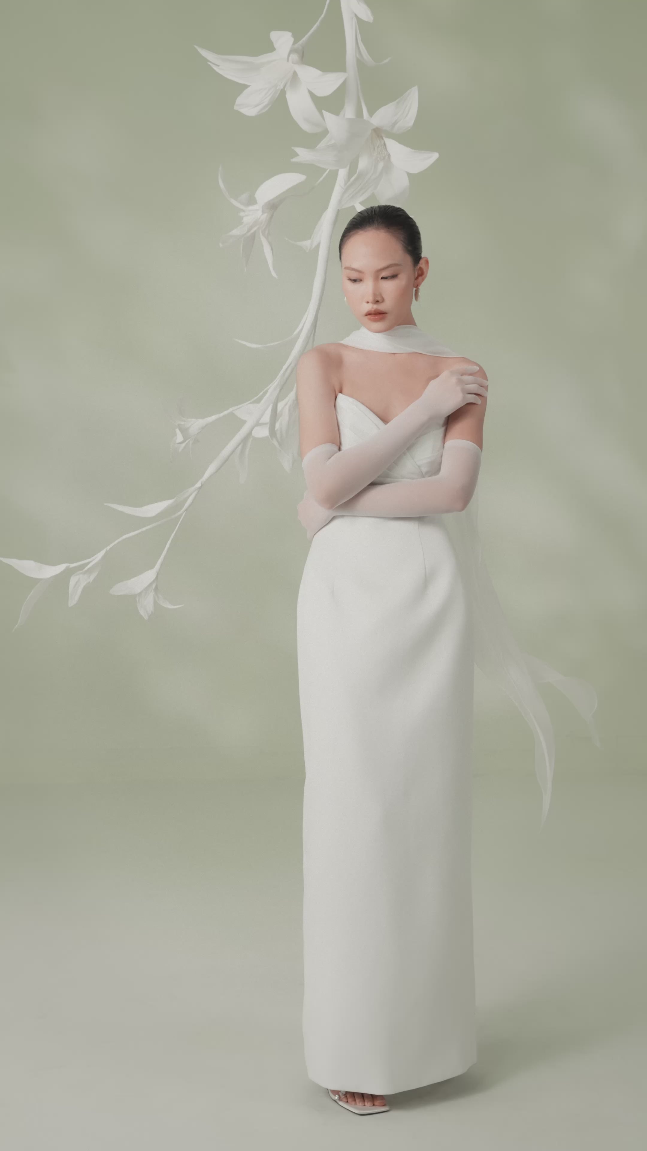 FLEUR Strapless Pleated Bodice Column Gown