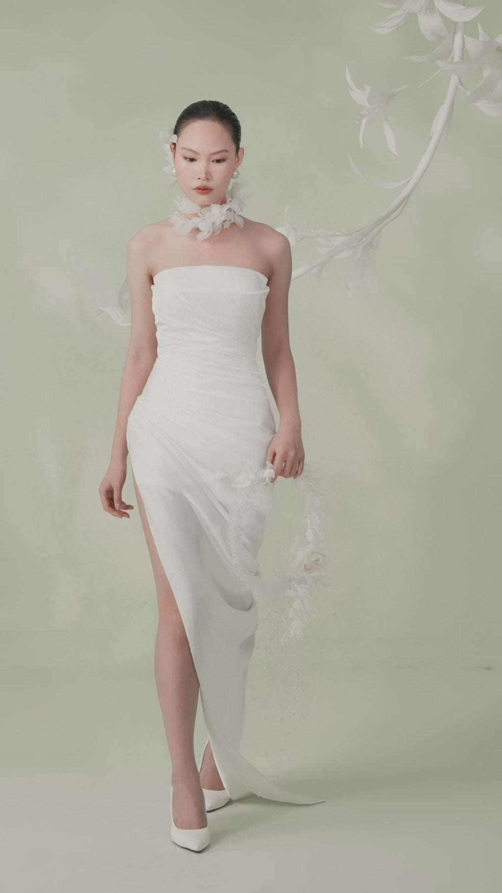 FLEUR D’IVOIRE Draped Strapless Gown with Slit Sweeping Train