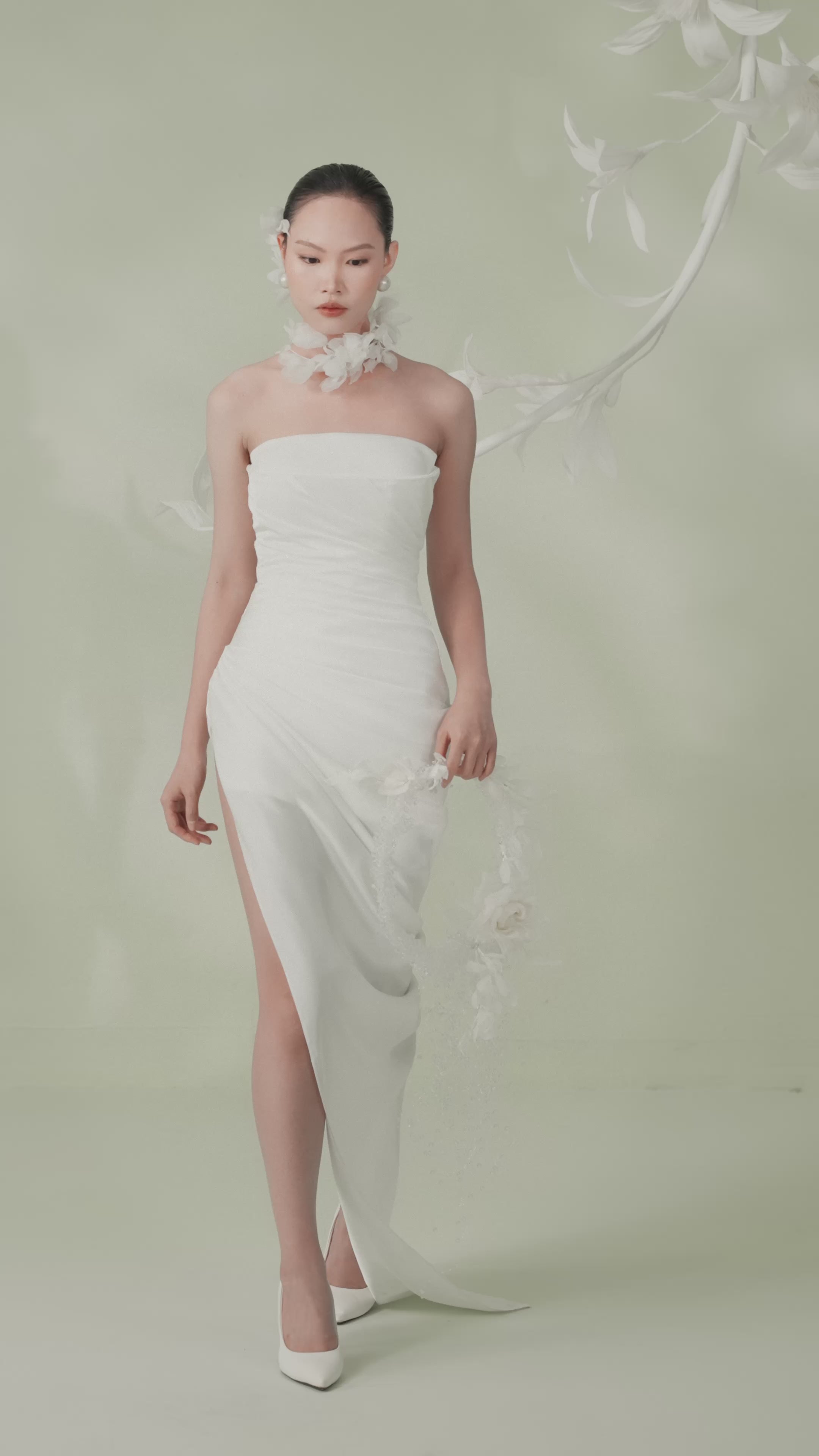 FLEUR D’IVOIRE Draped Strapless Gown with Slit Sweeping Train